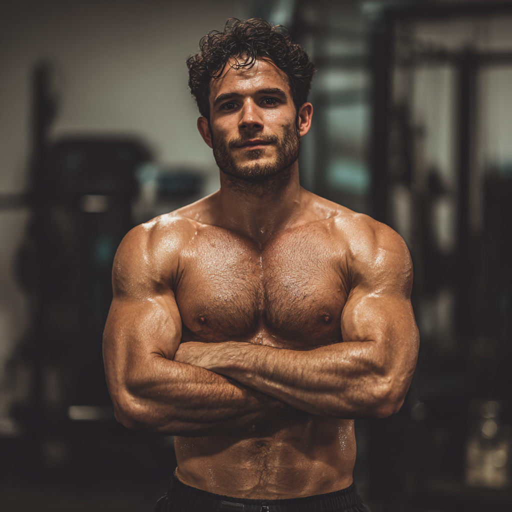 Confident muscular man in gym setting showing determination and focus during workout training