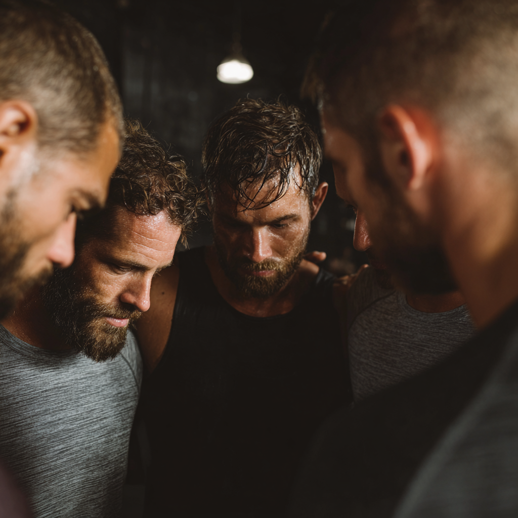 Group of motivated men supporting each other during intense training session showing teamwork and determination